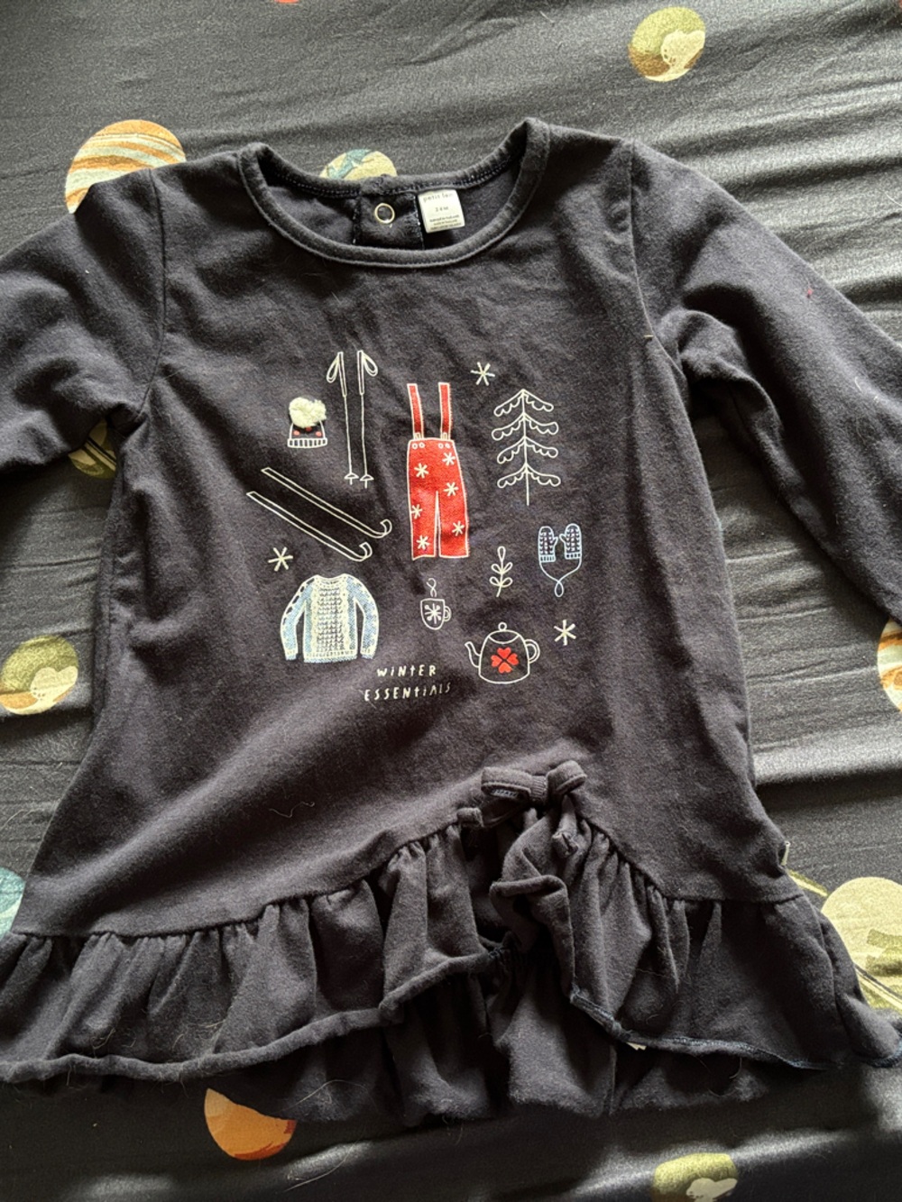 Petit Lem Navy Long-Sleeve Ruffle Hem Tee with Winter Graphic